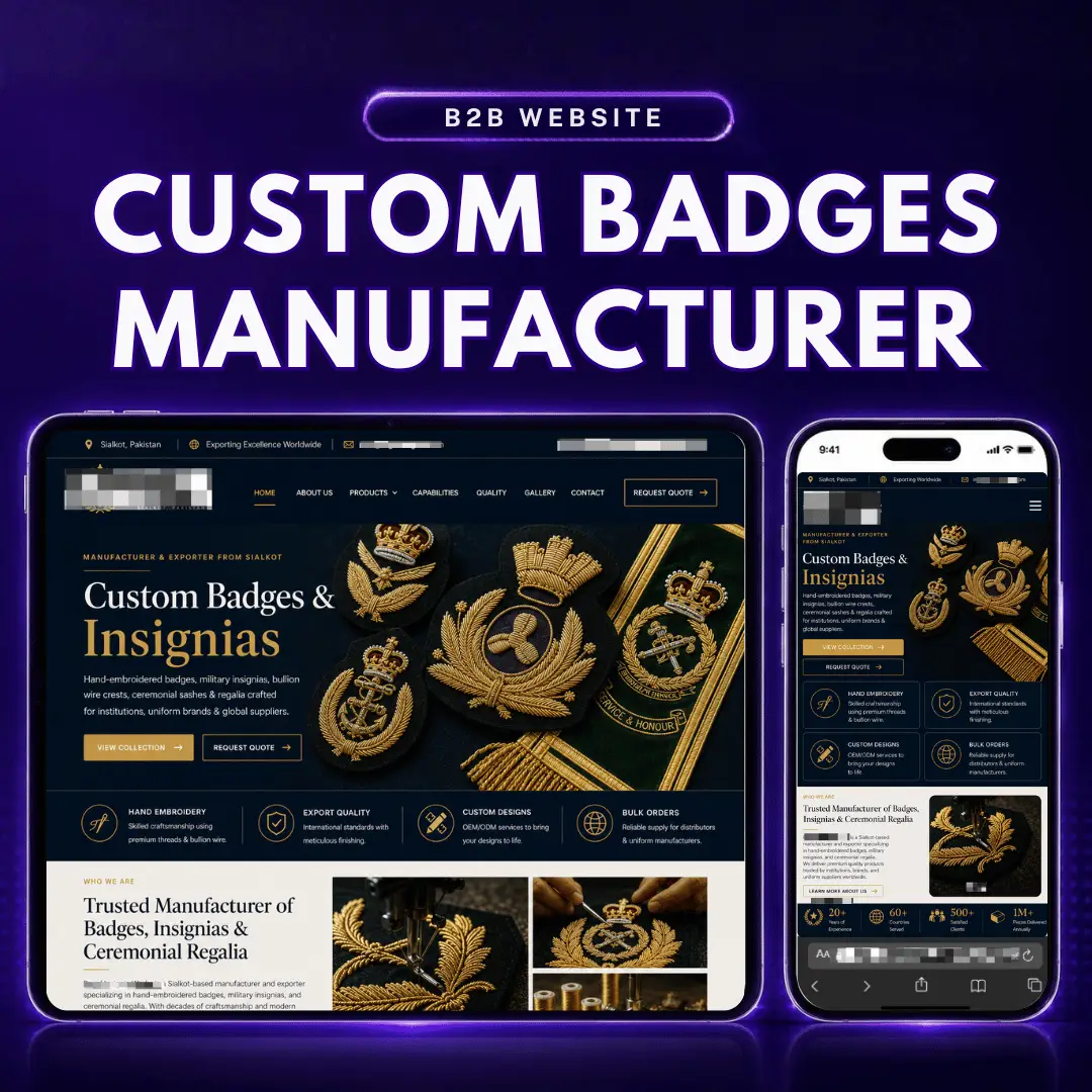 We developed a high-performance site for a Sialkot manufacturer to showcase their custom badges to global military clients and clubs.