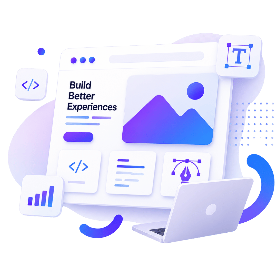 Mr Digix web design illustration showing a modern website layout with charts, code, and design tools